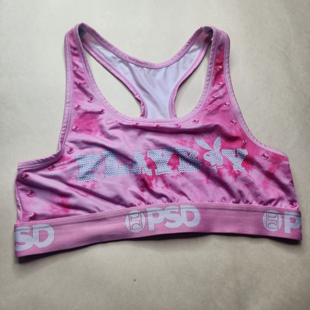 PSD Playboy‎ Sports Bra Womens Large Pink Tie Dye Rhinestone Logo Racerback L